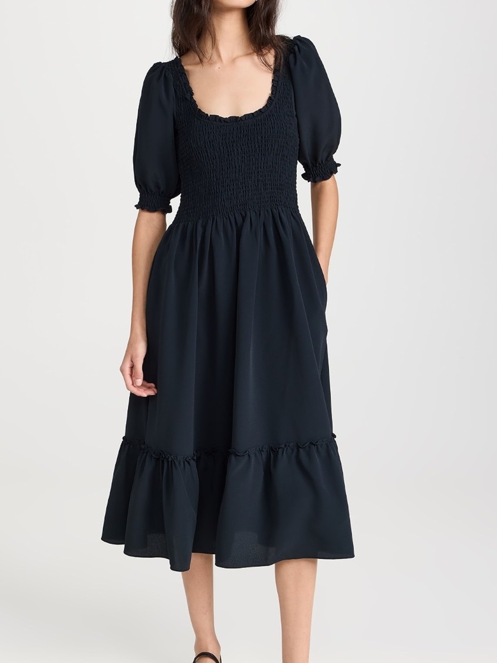 NWT Hill House Home Black Louisa Smocked Midi Dress with Puff Sleeves size S